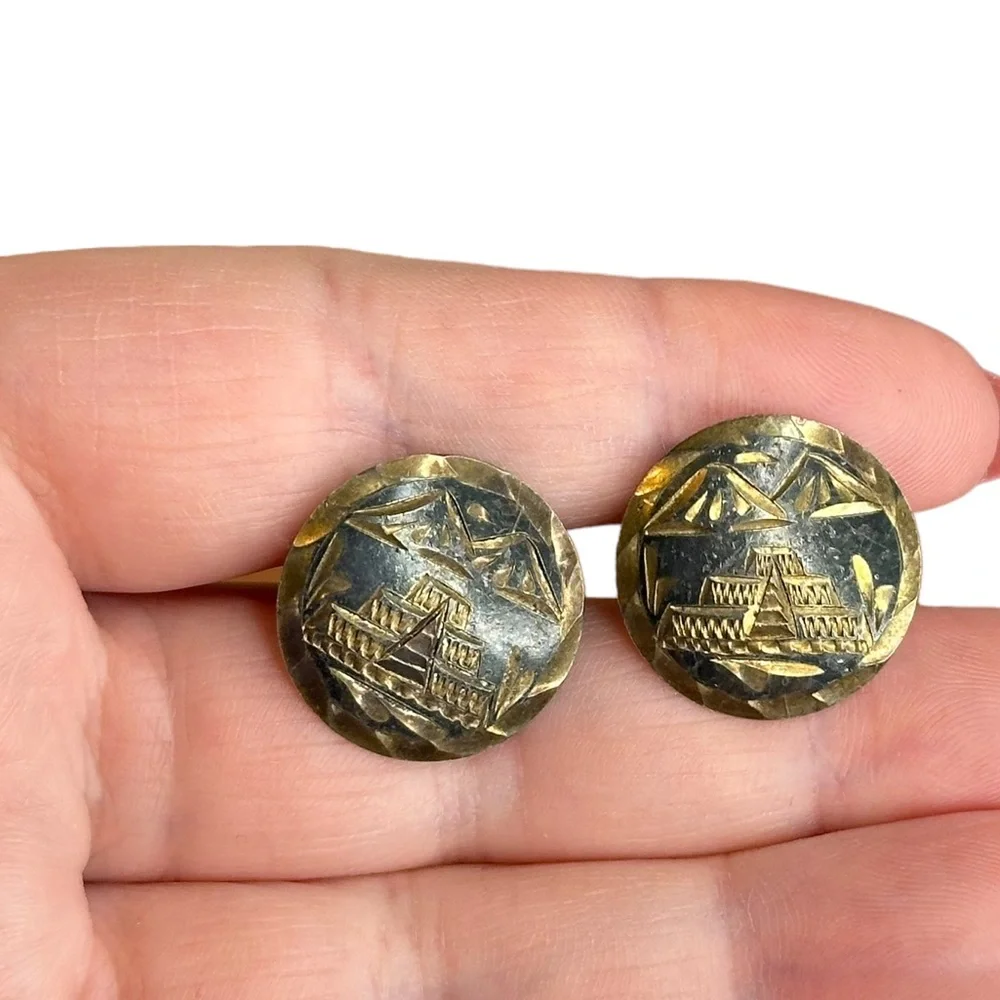 Mexico 925 Vintage Aztec Mayan Temple Alpaca Engraved Cuff Links Sterling Silver